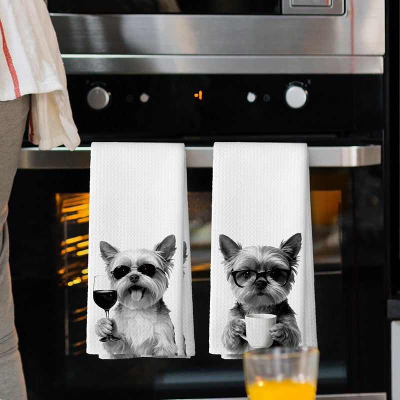 Mcehtle Funny Yorkshire Terrier Kitchen Towels Set of 2, Funny Dog Kitchen Accessories, Coffee Wine Station Decor, Chef Gift Hand Towel, Dining Room Decorative Tea Towel Dish Towels 16x24 Inch - Image 2